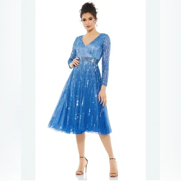 Mac Duggal Light Blue Sequin Tea-Length V-Neck Long Sleeve Formal Dress 22 *NOTE - Picture 16 of 16
